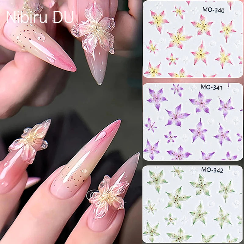 5D Sticker Lily Flower Nail Decals Jelly Nail Art Decorations Acrylic Adhesive Gel Sliders Summer Stickers Manicure Accessories