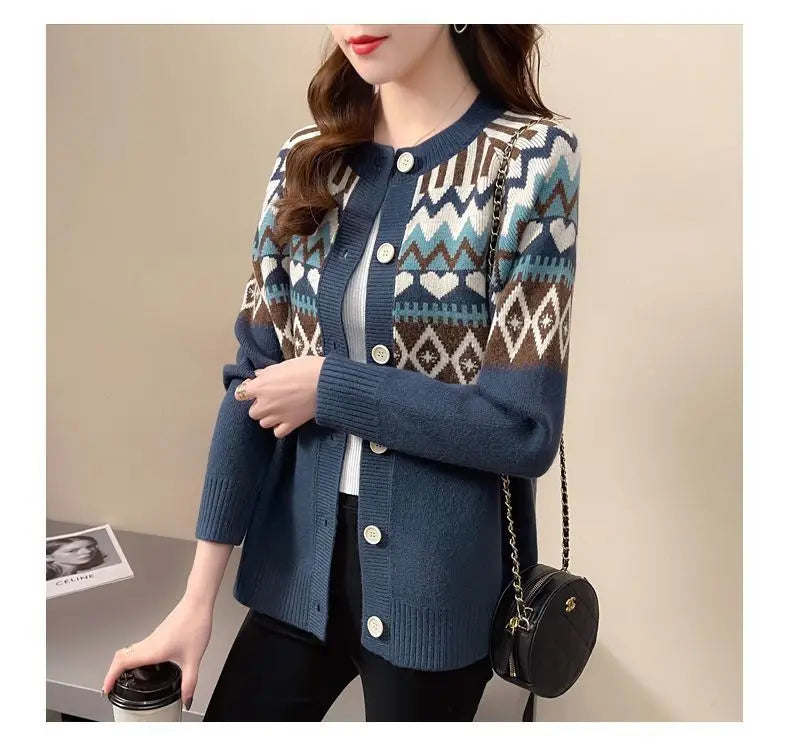 Love Jacquard Long Sleeve Knitting Cardigan Coat Women Autumn Loose O-neck Sweater Office Lady All-match Fashion Knitting Tops