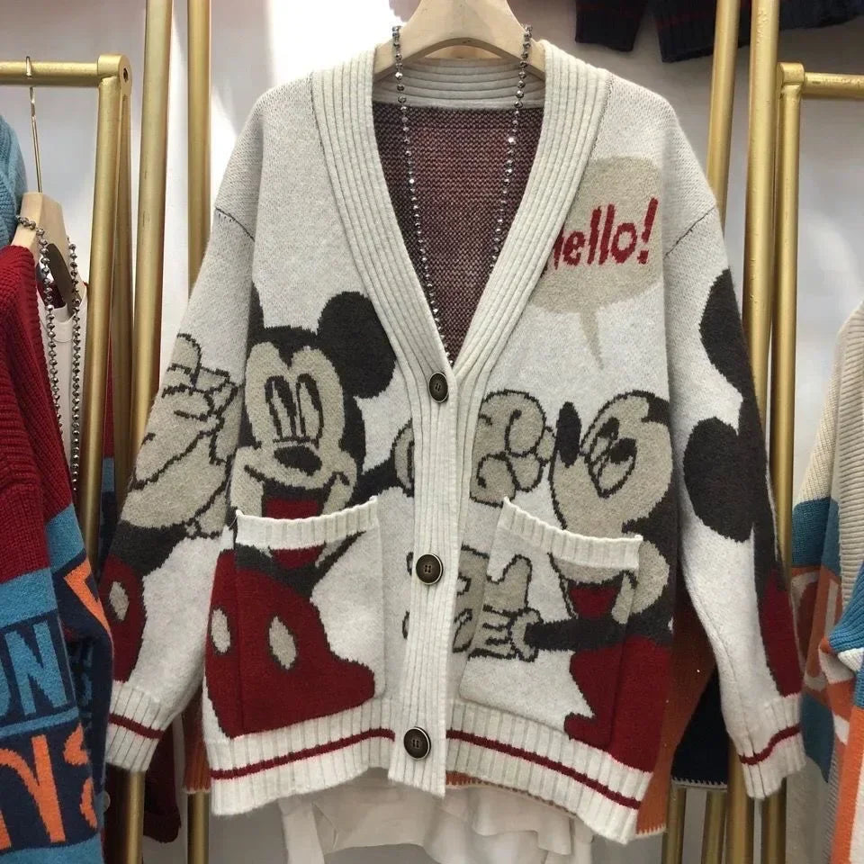 Disney Knitted Cardigan Japanese Mickey Cartoon Sweaters for Women Coat Female Autumn and Winter Loose Wild Thicken Kawaii Tops