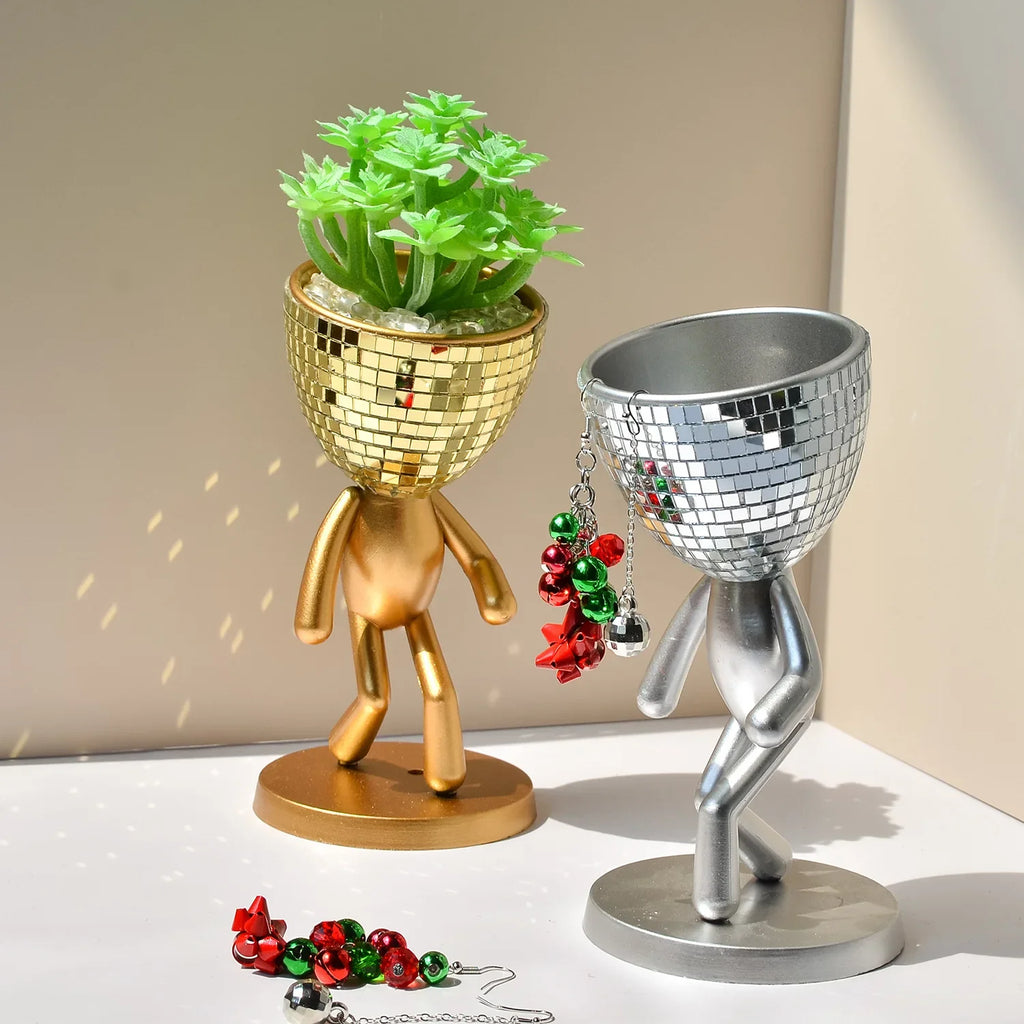 Disco Ball Flower Planter Creative Succulent Planter Pot Walking Man Figurine Flower Plants Vase Container Home Garden Decor