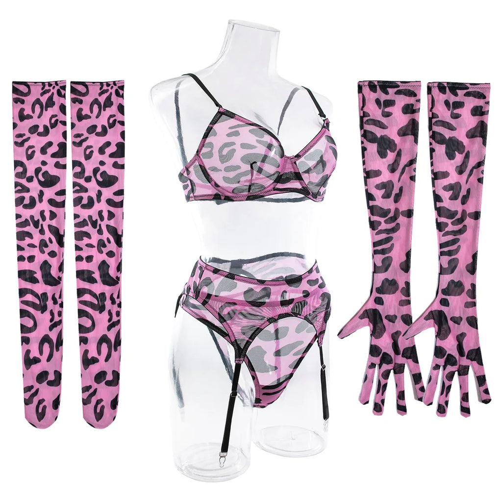 Sexy Pink Leopard Printed Bra Gloves Leg Socks Lingerie Set Women's Perspective Comfortable Mesh Exotic Apparel Underwear Suit