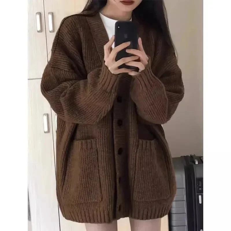 Korean Fashion Female Red Lazy Wind Loose Fitting V-neck Cardigan Knitting Sweater Women New Korean Cardigans Knitwear Tops Coat