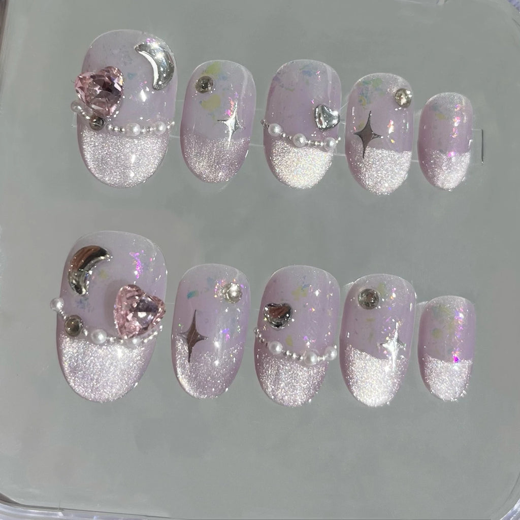 10Pcs Handmade Press on Nails Full Cover FlowersRhinestones Design Glitter Short Almond False Nails Wearable Manicure Nail Tips