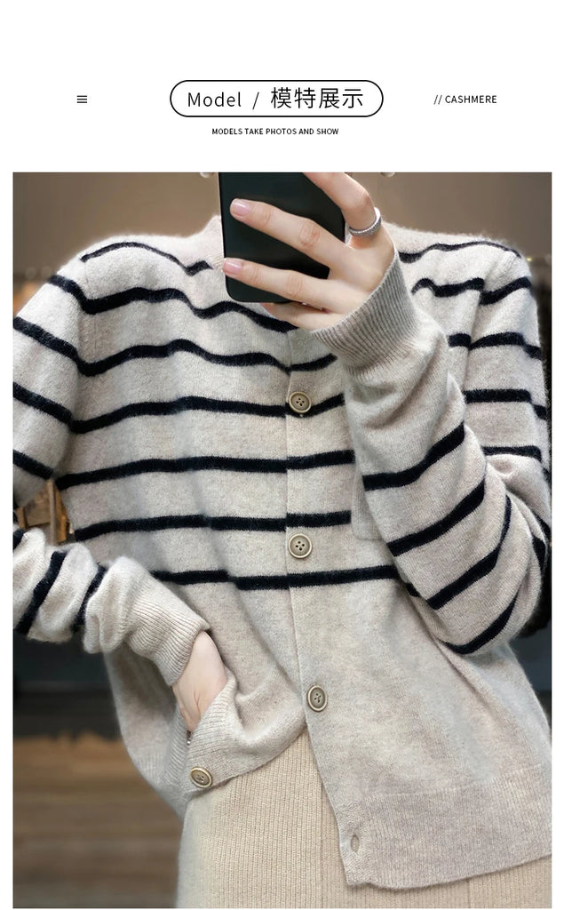 Spring Autumn Women 100% Wool Silk Stitching Sweater New V-neck  Printing Cardigan Casual Knitted Soft Jacket Slim Warm Tops