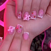 24Pcs Short Square False Nails Press on With Pink Bow Design Leopard Print Fake Nail Wearable French Full Cover Nail Art Tips