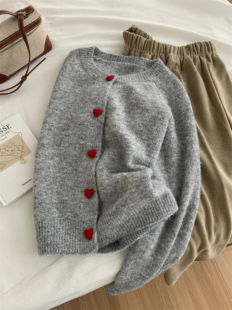 Deep Grey Wool Knitted Cardigan For Women In Autumn Winter, Soft And Sticky, Warm, Love Buckle Shoulder Sleeves