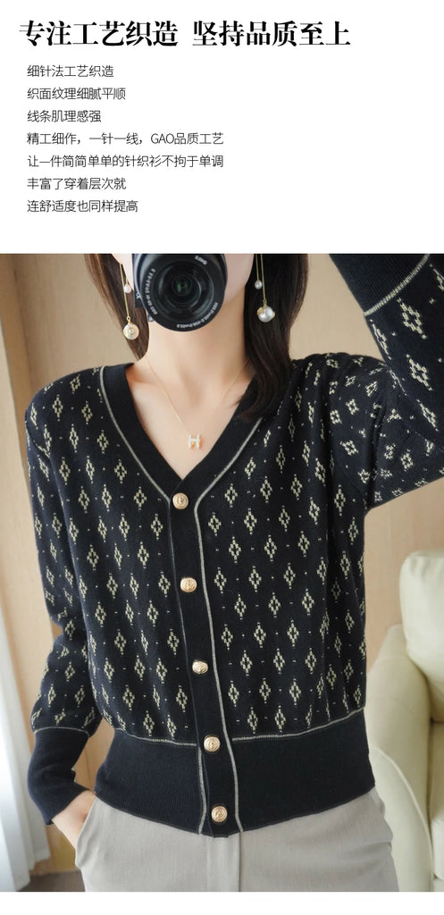 Autumn Winter Women Wool Blend Sweater Slim V-neck Cardigan Female Warm Casual Knitted Printing Bottoming Coat Comfortable Tops