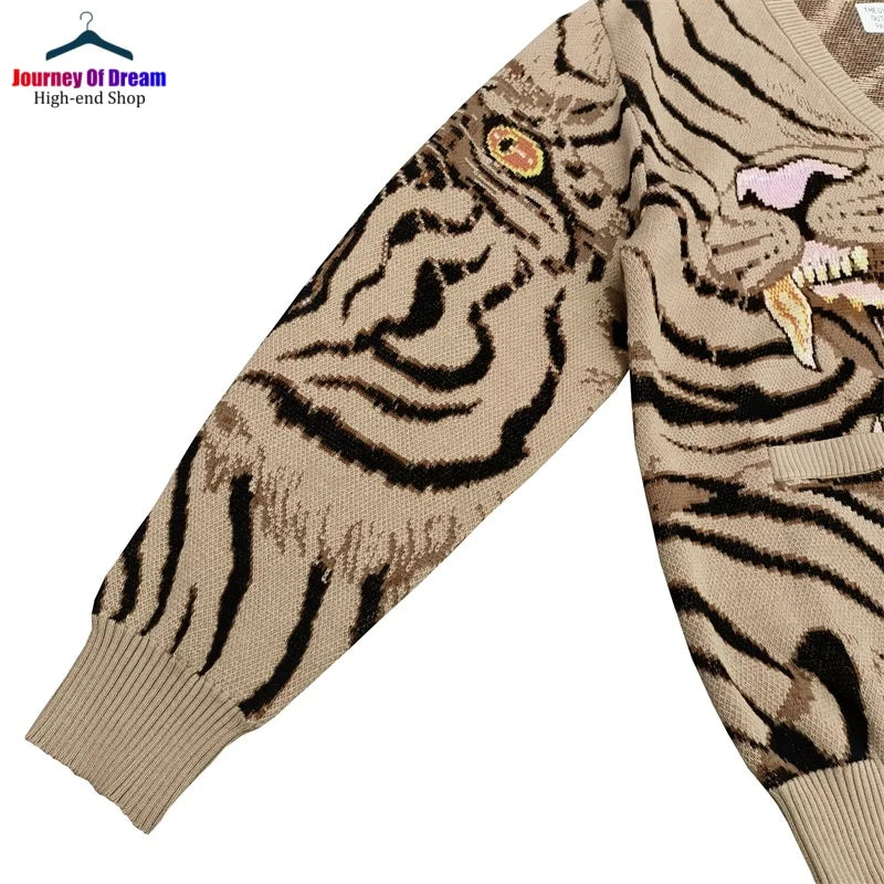 Trend High Street Leopard Print Cotton V-Neck Knit Cardigan Men's Women's Best Quality Casual Sweater