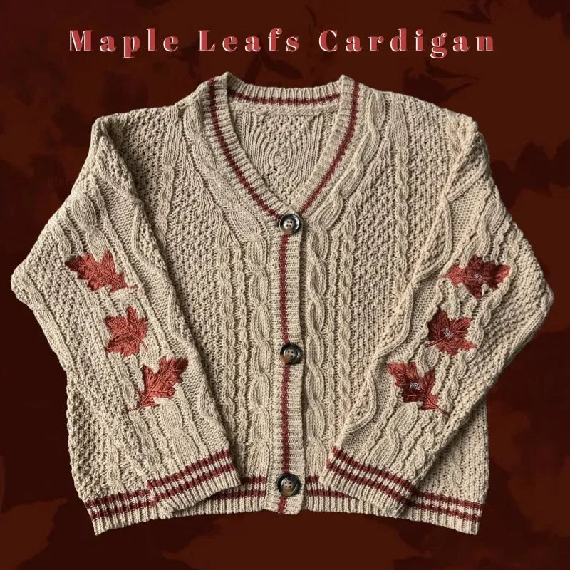 Autumn Leaves Knitted Cardigan Women Red Maple Leaf Embroidered Oversized Cardigan Folklore Girl Fall Winter Low V-neck Sweater