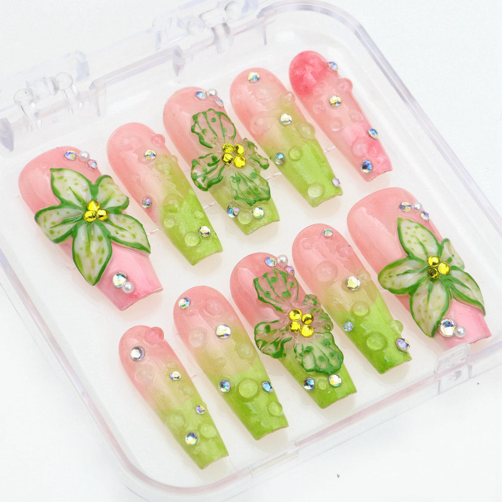 10Pcs Handmade Manicure Long Coffin Fake Nails Unique 3D New Flowers print Press On Nails Design with Adhesive Nail File Set