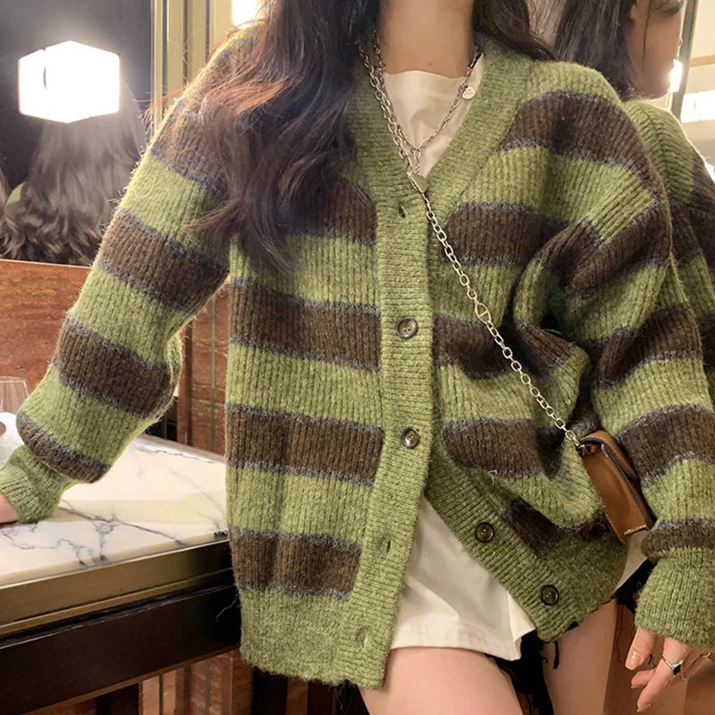 Retro V Neck Green Stripe Cardigans Women Korean Chic Single Breasted Sweater Jackets Woman Streetwear Y2K Long Sleeve Cardigan