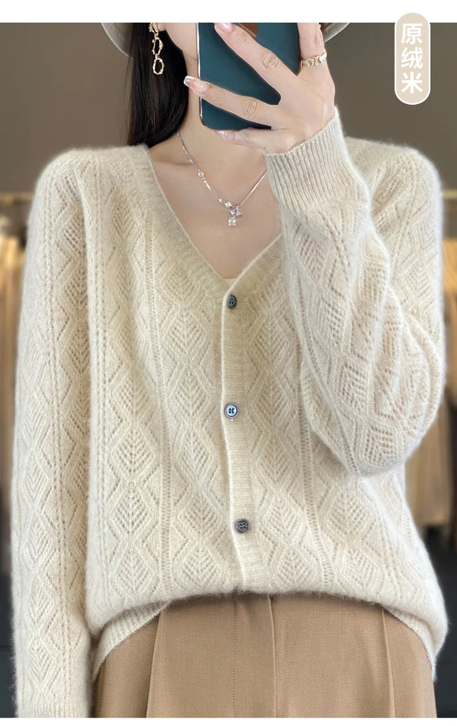 Women's V-Neck Spring and Autumn 100% Wool Cashmere Cardigan Women's Knit Sweater Super Soft Loose Large Size Long Sleeve Shirt