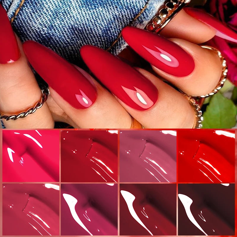 MEET ACROSS 7ml Red Gel Nail Polish Crystal Semi Permanent Soak Off UV Gel Varnish Nail Art Manicure Base Matte Top Coat Vernis