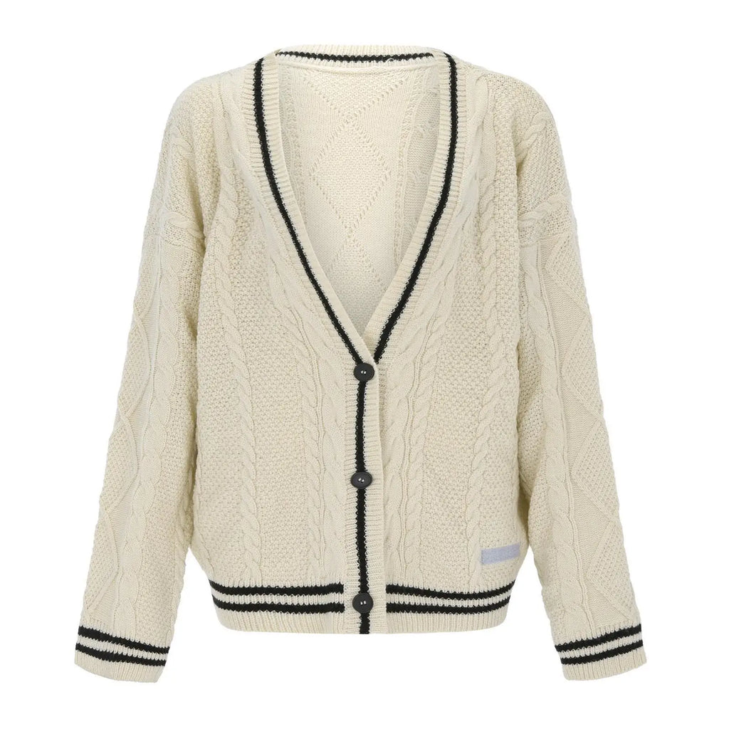 Deeptown Vintage Beige Swift Knit Cardigan Women Y2K College Oversize Star Embroidery Sweater Folklore Knitted Jumper Korean