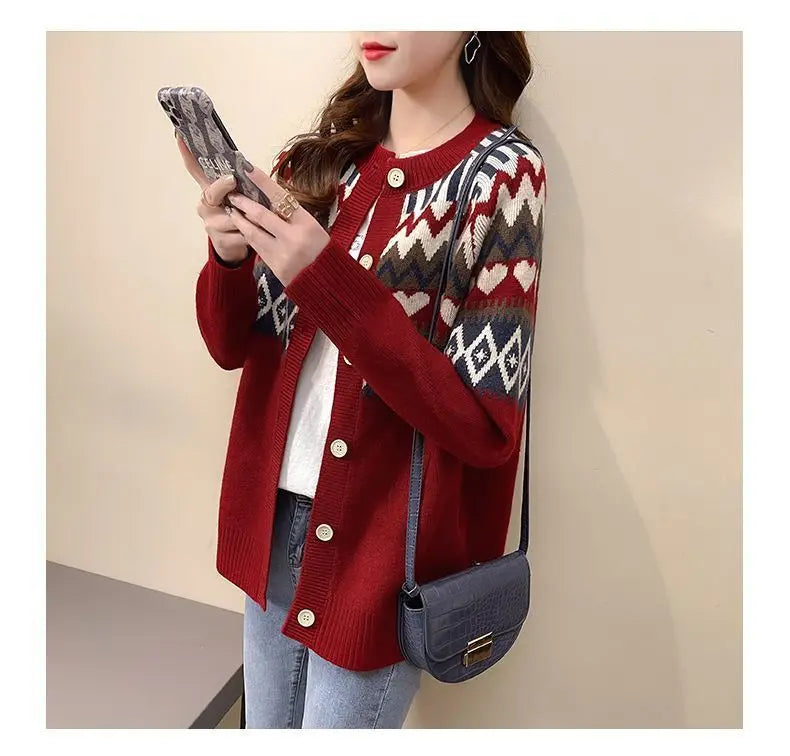 Love Jacquard Long Sleeve Knitting Cardigan Coat Women Autumn Loose O-neck Sweater Office Lady All-match Fashion Knitting Tops