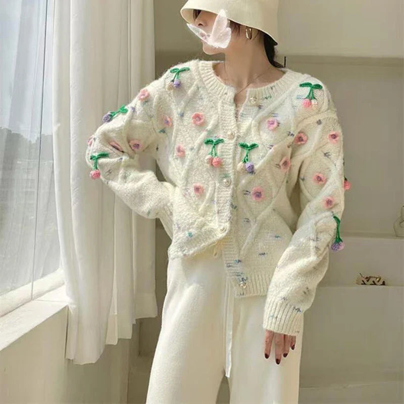Chic Flower Embroidery Round Neck Cardigan 2024 Women Sweater Knitwear