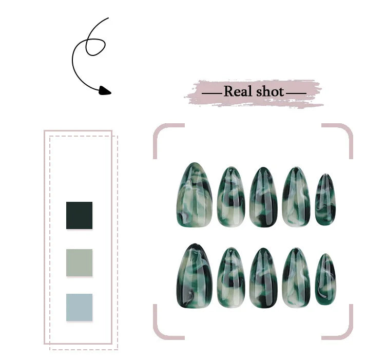 Dark Green Halo Dyeing Almond Nail Art Chinese Style False Nails Fashion Detachable Finished Fake Nails Press on Nails with Glue