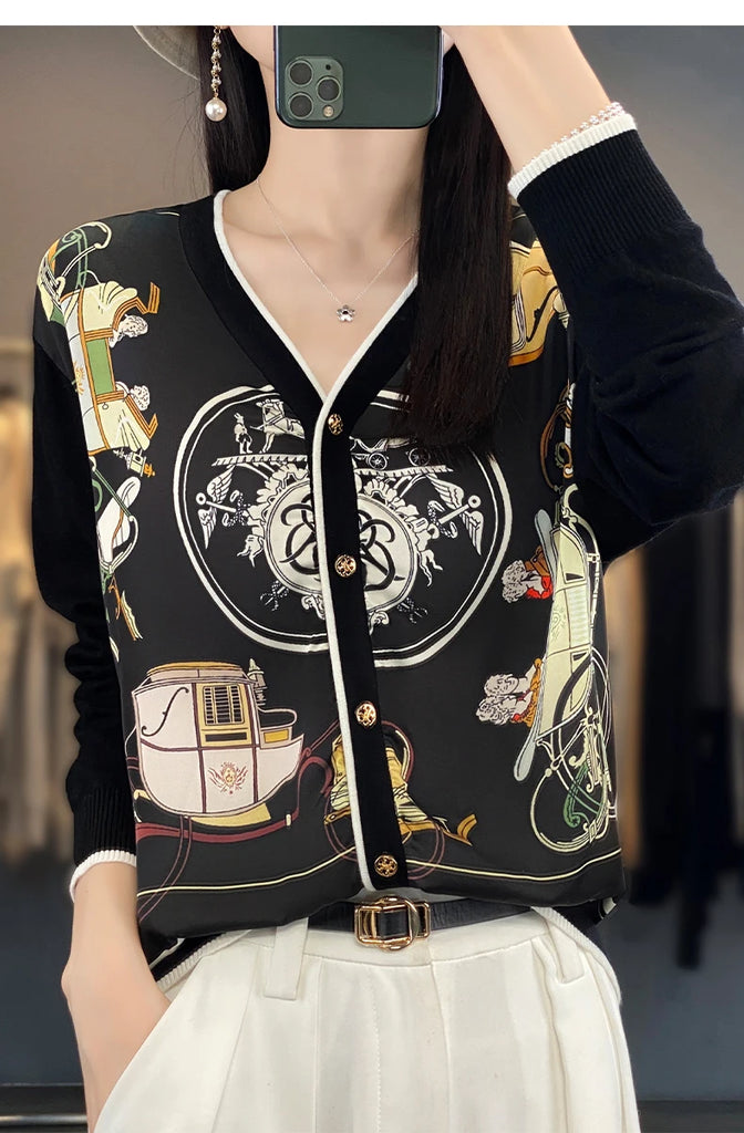 Spring And Autumn New Wool Coat Jacket Women's Long Sleeve Wide V-Neck Printed Stitching Sweater Thin Cardigan