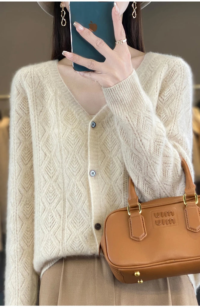 Women's V-Neck Spring and Autumn 100% Wool Cashmere Cardigan Women's Knit Sweater Super Soft Loose Large Size Long Sleeve Shirt