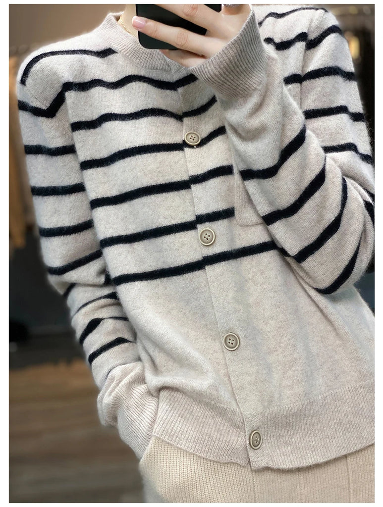 Spring Autumn Women 100% Wool Silk Stitching Sweater New V-neck  Printing Cardigan Casual Knitted Soft Jacket Slim Warm Tops