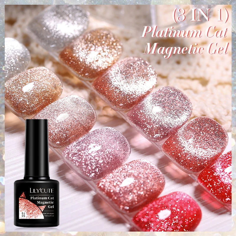 LILYCUTE 7ML Rose Gold Foils Effect Platinum Cat Magnetic Gel Nail Polish Silver Moonlight for Fall Winter Manicure Nail Art Gel