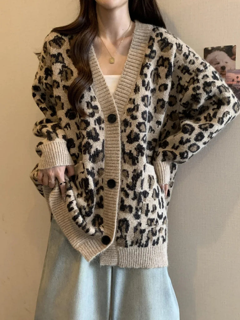 Neploe Loose Korea Leopard Commuter Lazy Jumper Single Breasted V Neck Knit Simple Cardigan Mid-length Harajuku Vintage Mujer