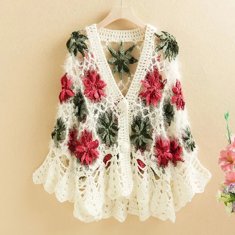 Three-Dimensional Flower Openwork Crocheted Sweater Cardigan Women's Spring And Autumn New Heavy Industry Joker Sweater 3XL Coat