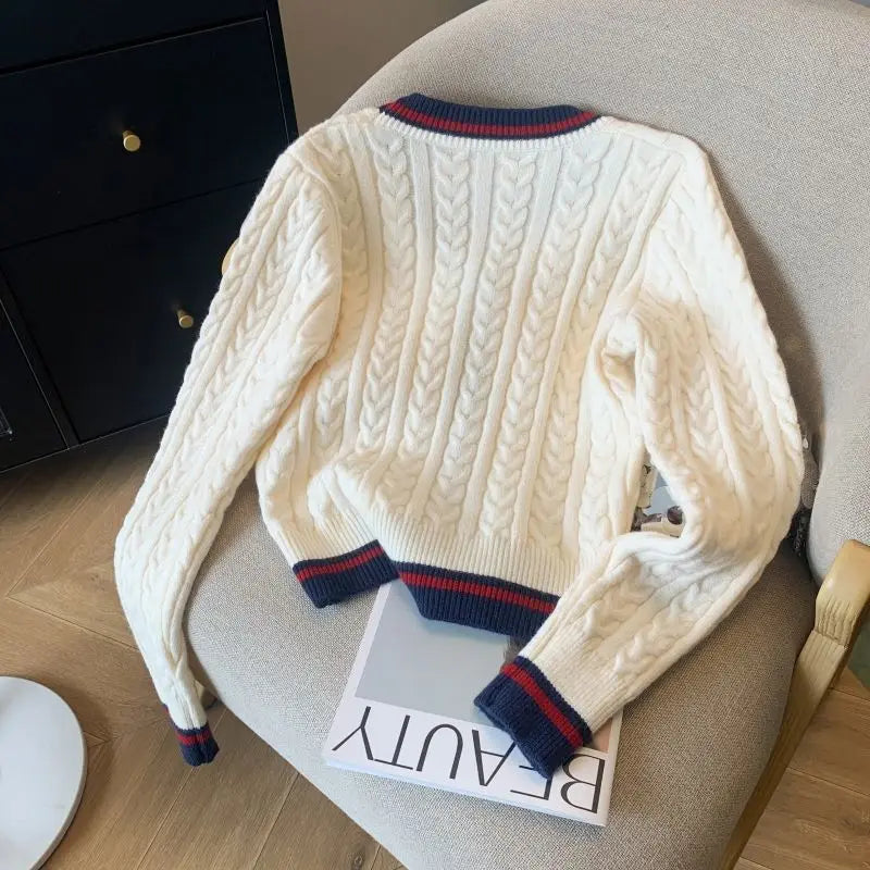 2024 Autumn Winter Preppy Style V-Neck Knitting Long Sleeve Cardigan Women Casual Appliques Single Breasted Female Loose Sweater