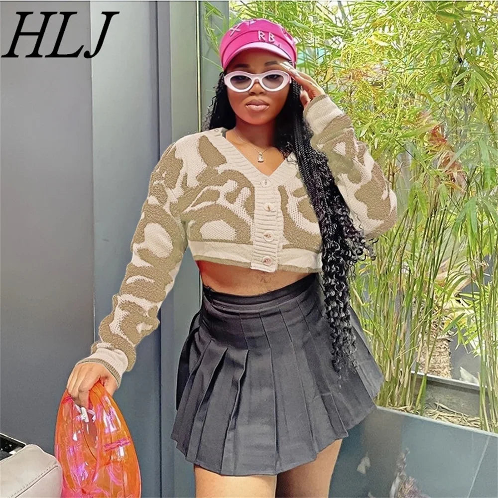 HLJ Fashion Sweet Patchwork Knitting Slim Crop Tops Women V Neck Long Sleeve Button Print Coats Autumn Female Sweater Cardigan