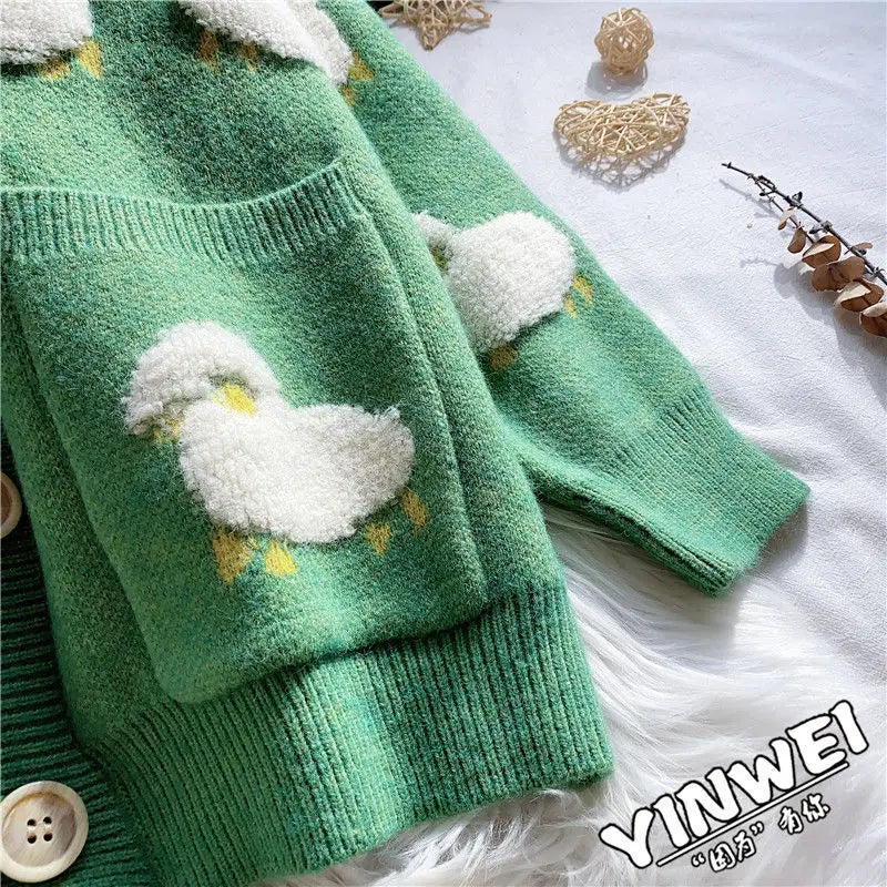 Spring Autumn Women V-Neck Kawaii Sheep Sweater Coat Korean Knitted Cardigan Female Casual Long Sleeve Loose Sueter Mujer Jacket