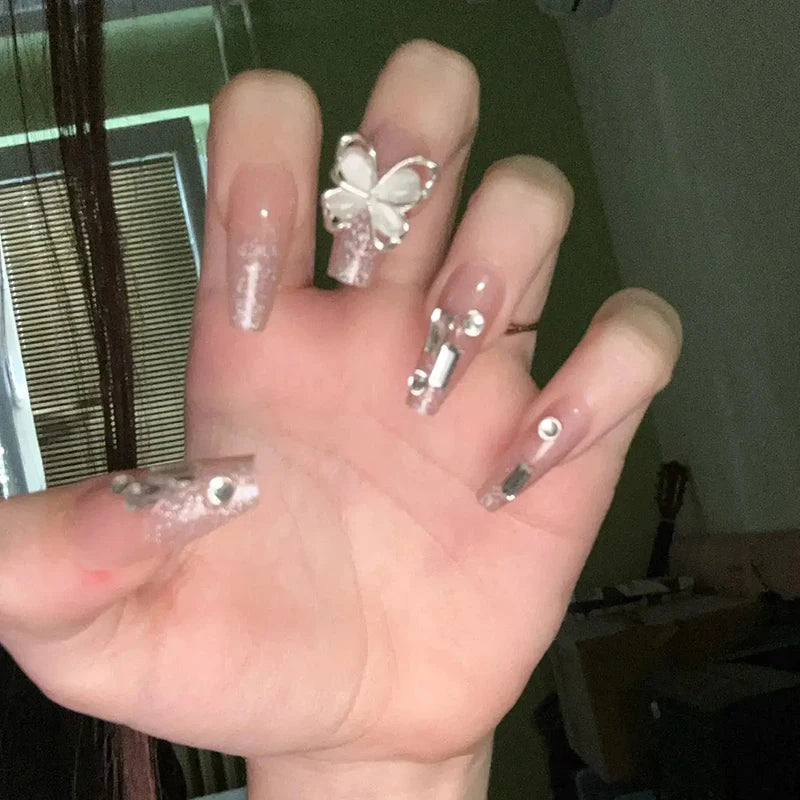 24pcs/box Fake Nails Press on Reusable with Designs Set French Artificial Aurora Diamond False Tipsy Stick-on Nails Tips Art