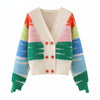 Rainbow Striped Knit Sweater Cardigan Women Double-breasted V-neck Jacket Coat Autumn Winter Long Sleeve Loose Casual Cardigan