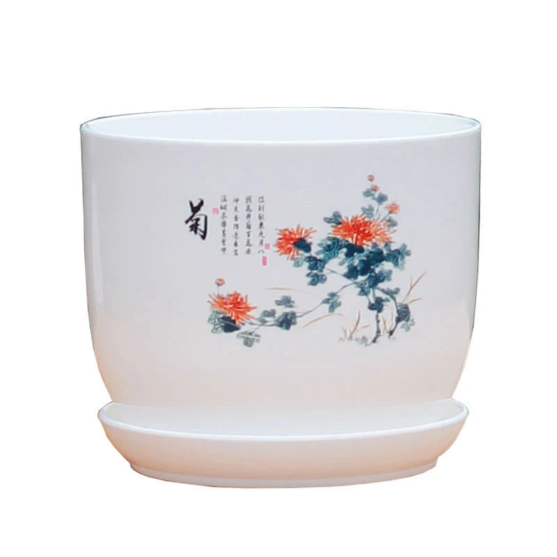 1PC With Tray Imitation Ceramic White Printed Pattern PP Resin Indoor Potted Plastic Flower Pot