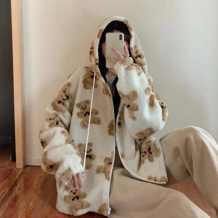 Women Sweet Cute Oversize Flannel Bear Pattern Sweater Korean Fashion Long Sleeve Zip Hoodie Y2k Autumn Tops Cardigan Sweaters