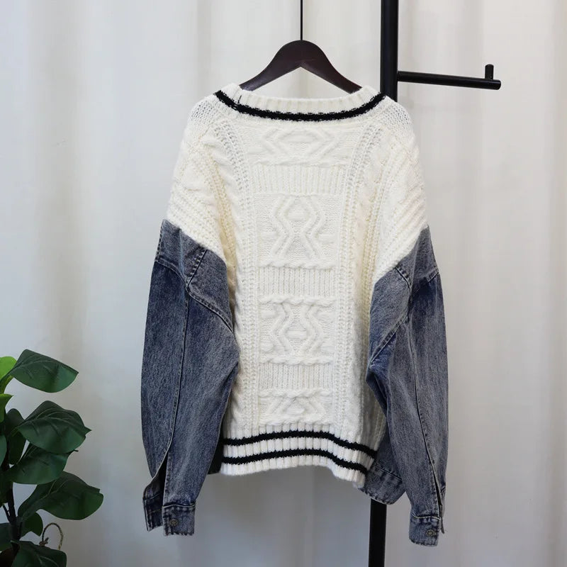 [EWQ] Big Size Fashion Style V-neck Denim Spliced Knitted Sweater Cardigan Loose Women’s Clothing Winter 2024 Autumn New 16O1104