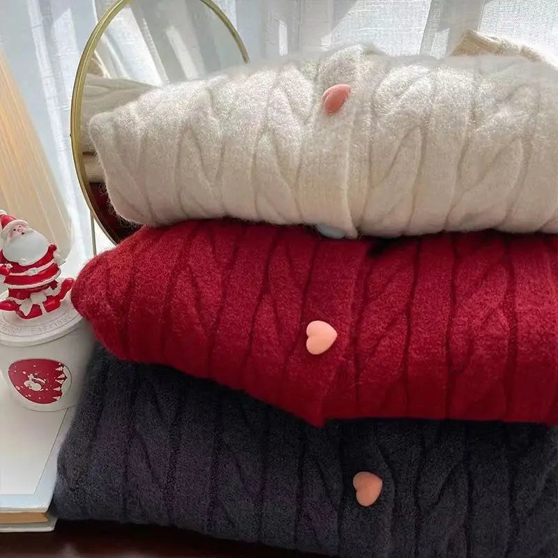 New Korean Style Western-style Sweet Color Love Button Versatile Soft Waxy Knitting Cardigan Fashion Fried Dough Twists Sweater