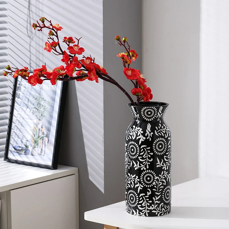 Vintage Printed Ceramic Vase, Plum Blossom, Dried Flower, Water, Decorative, Home Furnishings, Room Decor