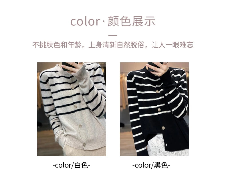 Spring Autumn Women 100% Wool Silk Stitching Sweater New V-neck  Printing Cardigan Casual Knitted Soft Jacket Slim Warm Tops