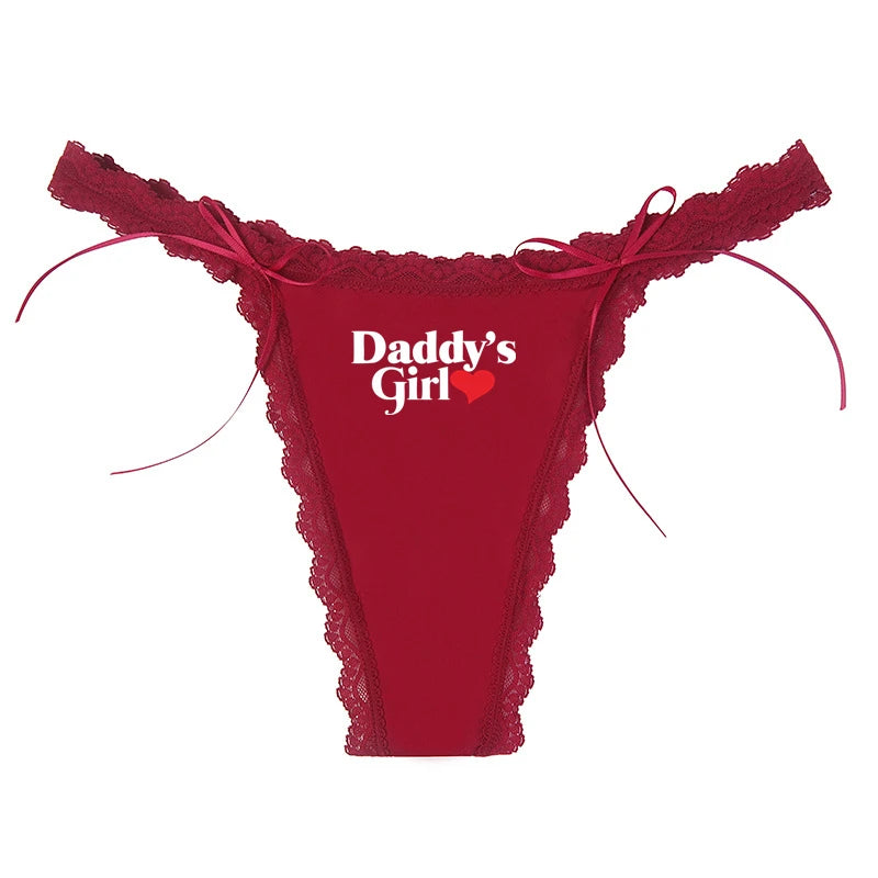 Yes Daddy Letters Print Underwear Cute Heart Women's Sexy Lace Thong Thin Strap Underwear Ripple Edge Wine Red Traceless GString