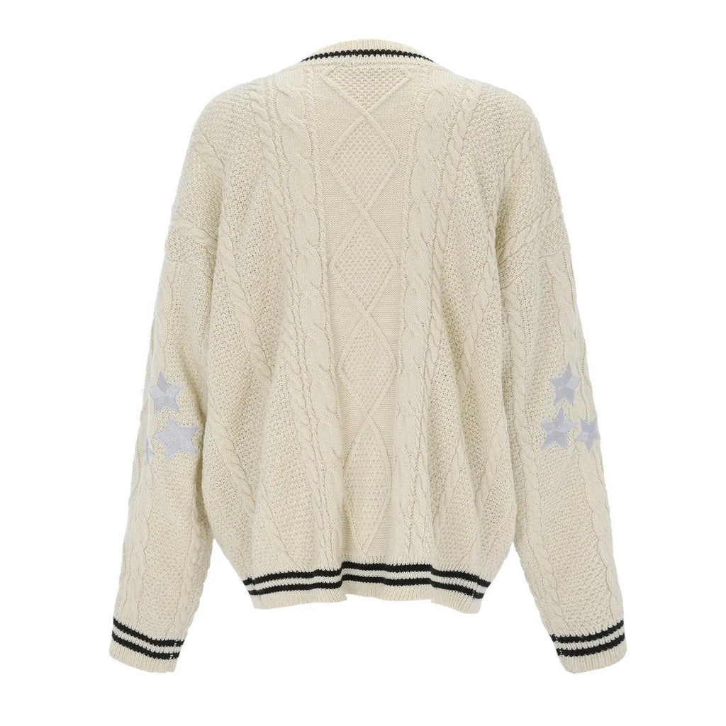 Deeptown Vintage Beige Swift Knit Cardigan Women Y2K College Oversize Star Embroidery Sweater Folklore Knitted Jumper Korean