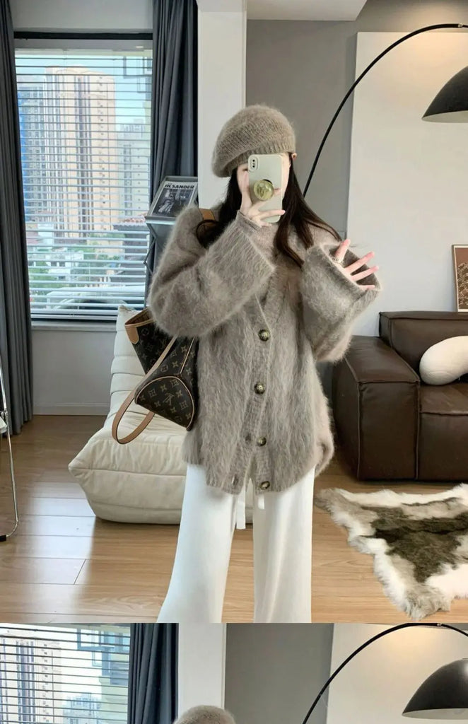 Loose mohair v-neck sweater cardigan coat for women in autumn and winter Korean style gentle wind vintage knitwear sweater top