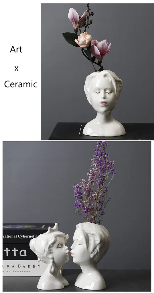 Ceramic Head Face Vase Small Lovers Kiss Statue Flower Pot White Black Modern Planter for Home Table Decoration Floral Art Gifts