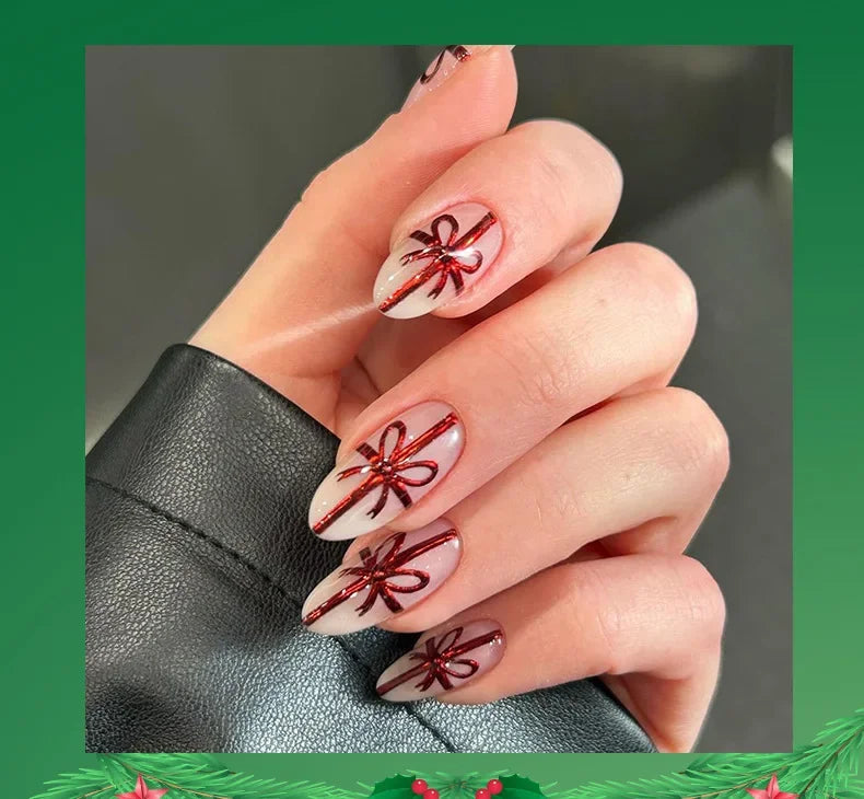 Christmas Red Bowknot Gift Design Snowflake Winter Press on Nails Rhinestones Gingerbread Man Fake Nails Art False Nails Charms