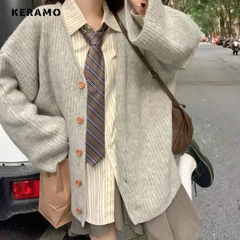 2024 Winter Vintage Casual Single Breasted Fashion Sweater Women Solid Jumpers Long Sleeve Knitting V-neck Loose Cardigans