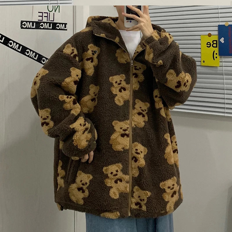 Women Sweet Cute Oversize Flannel Bear Pattern Sweater Korean Fashion Long Sleeve Zip Hoodie Y2k Autumn Tops Cardigan Sweaters