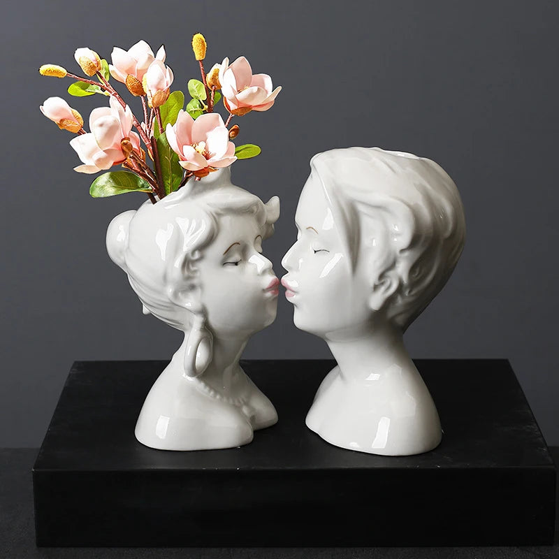 Ceramic Head Face Vase Small Lovers Kiss Statue Flower Pot White Black Modern Planter for Home Table Decoration Floral Art Gifts