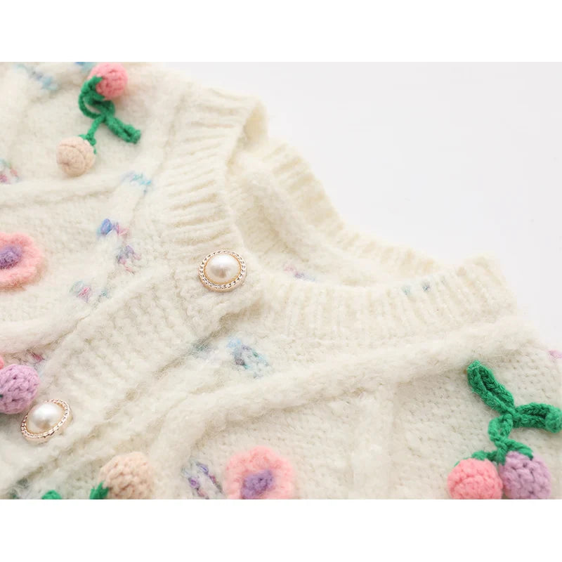 Chic Flower Embroidery Round Neck Cardigan 2024 Women Sweater Knitwear