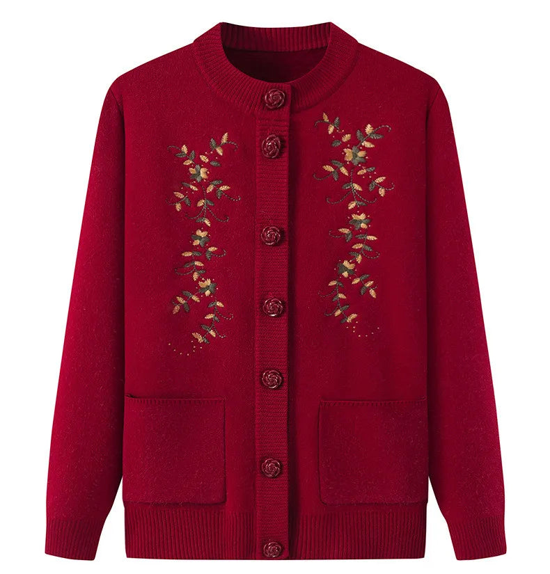 Fdfklak Vintage Print Woolen Shirt Casual Knitted Sweater Women Autumn Winter Velvet Cardigans Coat Middle Aged Mother Tops