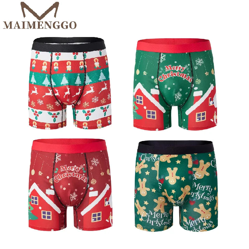 1/3PC Christmas Underwear Print Breathable Mens Gingerbread Man Casual Sports Boxers Four Corner Shorts Christmas Gifts