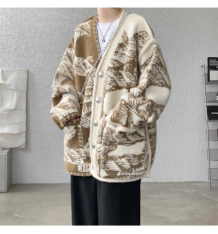 Men Fashion Printed Sweater Coat V Neck Knitted Cardigan Autumn Lazy Chic Elegant Sweater Men High Street Hip Hop Oversized 8XL